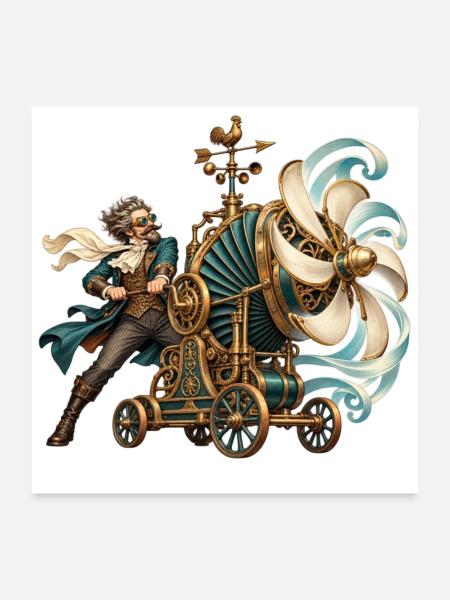 Steampunk-Erfinder an der Windmaschine - Poster 60x60 cm - Weiß - Vorne