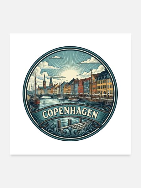 Kopenhagen, Dänemark Reiseabzeichen Nyhavn Souvenir - Poster 60x60 cm - Weiß - Vorne