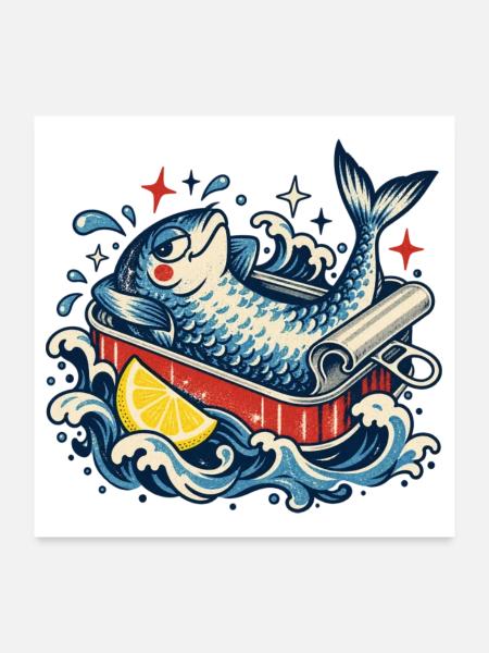 Fisch in Badewanne mit Zitrone - Poster 60x60 cm - Weiß - Vorne