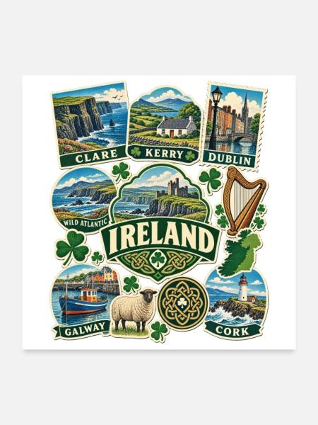 Irland Reisesticker - Poster 60x60 cm - Weiß - Vorne
