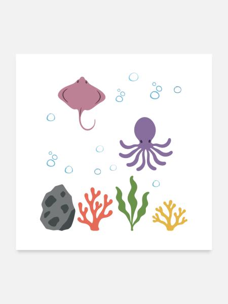 Rochen Unterwasser Kinder Krake Meeresleben - Poster 60x60 cm - Weiß - Vorne