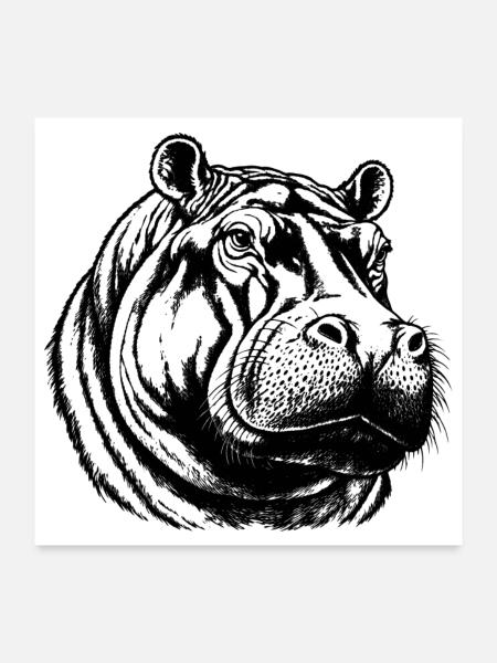 Flusspferd – Schwarz Weiß Tierporträt - Poster 60x60 cm - Weiß - Vorne