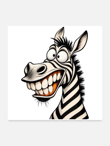 Lustige verrückte Zebra-Zeichentrick-Lächeln Tier-Humor-T-Shirt - Poster 60x60 cm - Weiß - Vorne