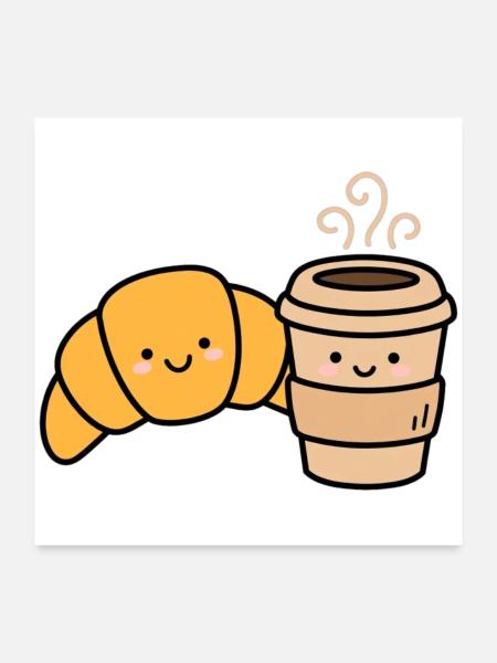 Kawaii Croissant Kaffee-Duo - Poster 60x60 cm - Weiß - Vorne