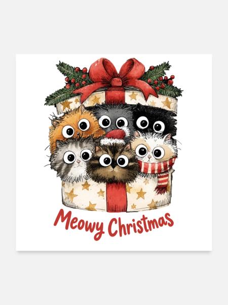 Meowy Christmas Katzen im Geschenk Weihnachten - Poster 60x60 cm - Weiß - Vorne