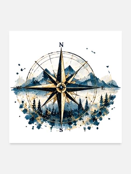 Kompass – Aquarellmotiv für Weltenbummler - Poster 60x60 cm - Weiß - Vorne
