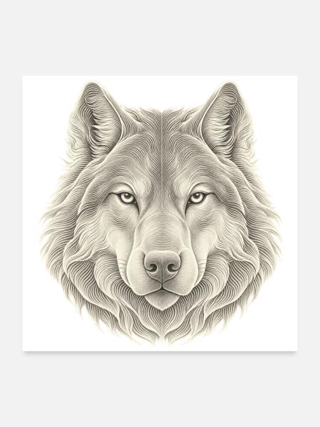 Wolf Konturlinien – 3D Line Art - Poster 60x60 cm - Weiß - Vorne