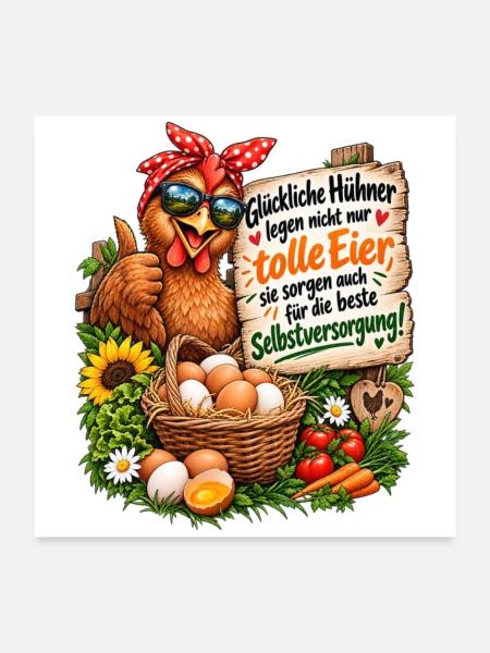 Hühner frische Eier und Selbstversorgung ist Glück - Poster 60x60 cm - Weiß - Vorne