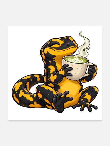 Salamander genießt einen Matcha Latte - Poster 60x60 cm - Weiß - Vorne