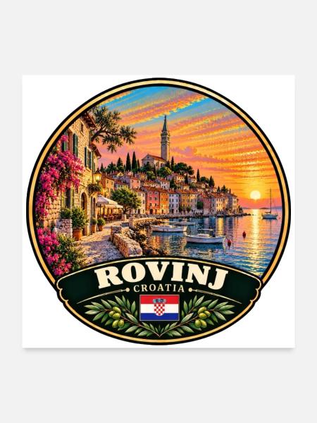 Rovinj Kroatien Hafen Stadt Sonnenuntergang Meer - Poster 60x60 cm - Weiß - Vorne