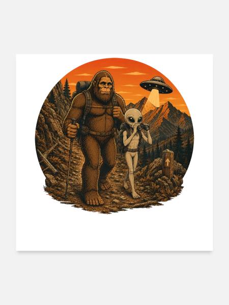 Bigfoot Alien Wandern - Poster 60x60 cm - Weiß - Vorne