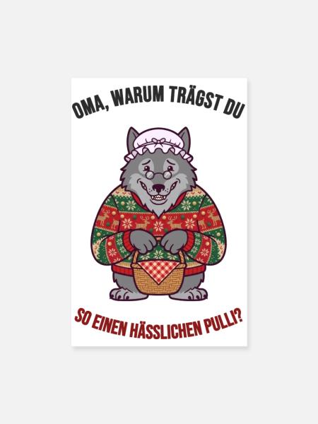Hässlicher Weihnachtspullover – Wolf & Oma - Poster 20x30 cm - Weiß - Vorne