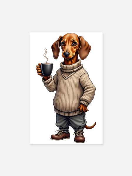 Müder Dackel mit Kaffeebecher – Gravur ohne Text - Poster 20x30 cm - Weiß - Vorne