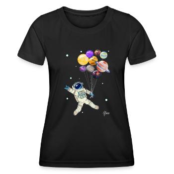 Astronaut mit Planeten Luftballons - Weltraum - Frauen Funktions-T-Shirt - Schwarz - Vorne - AI Model Female 172 light (172cm)