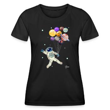 Astronaut mit Planeten Luftballons - Weltraum - Frauen Funktions-T-Shirt - Schwarz - Vorne - AI Model Female 172 light (172cm)
