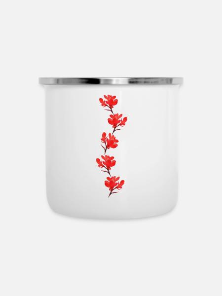 rote Blumen - Emaille-Tasse - Weiß