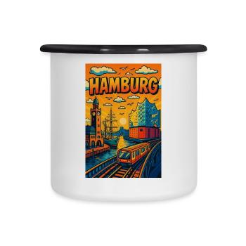 Hamburg stilisiert Hafen Elbe Segler Schiff - Emaille-Tasse - Weiß/Schwarz - Vorne