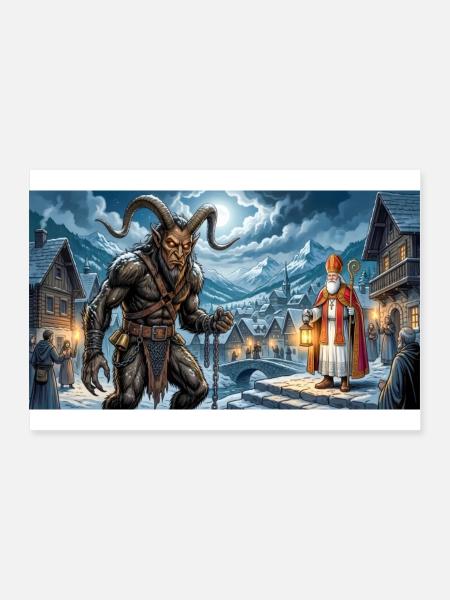 Nikolaus und Krampus beginnen eine dauerhafte Traditi - Poster 90x60 cm - Weiß - Vorne