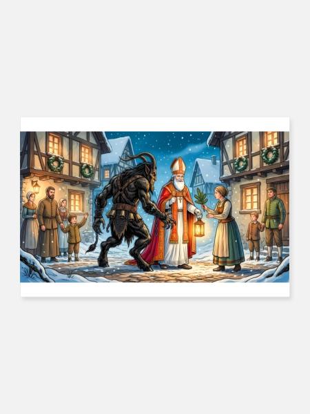 Nikolaus und Krampus beginnen eine Tradition - Poster 90x60 cm - Weiß - Vorne