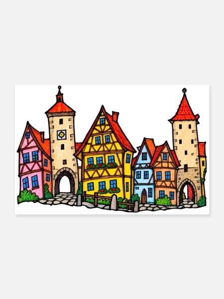 Rothenburg Skyline im bunten Wachsmalstil - Poster 90x60 cm - Weiß - Vorne