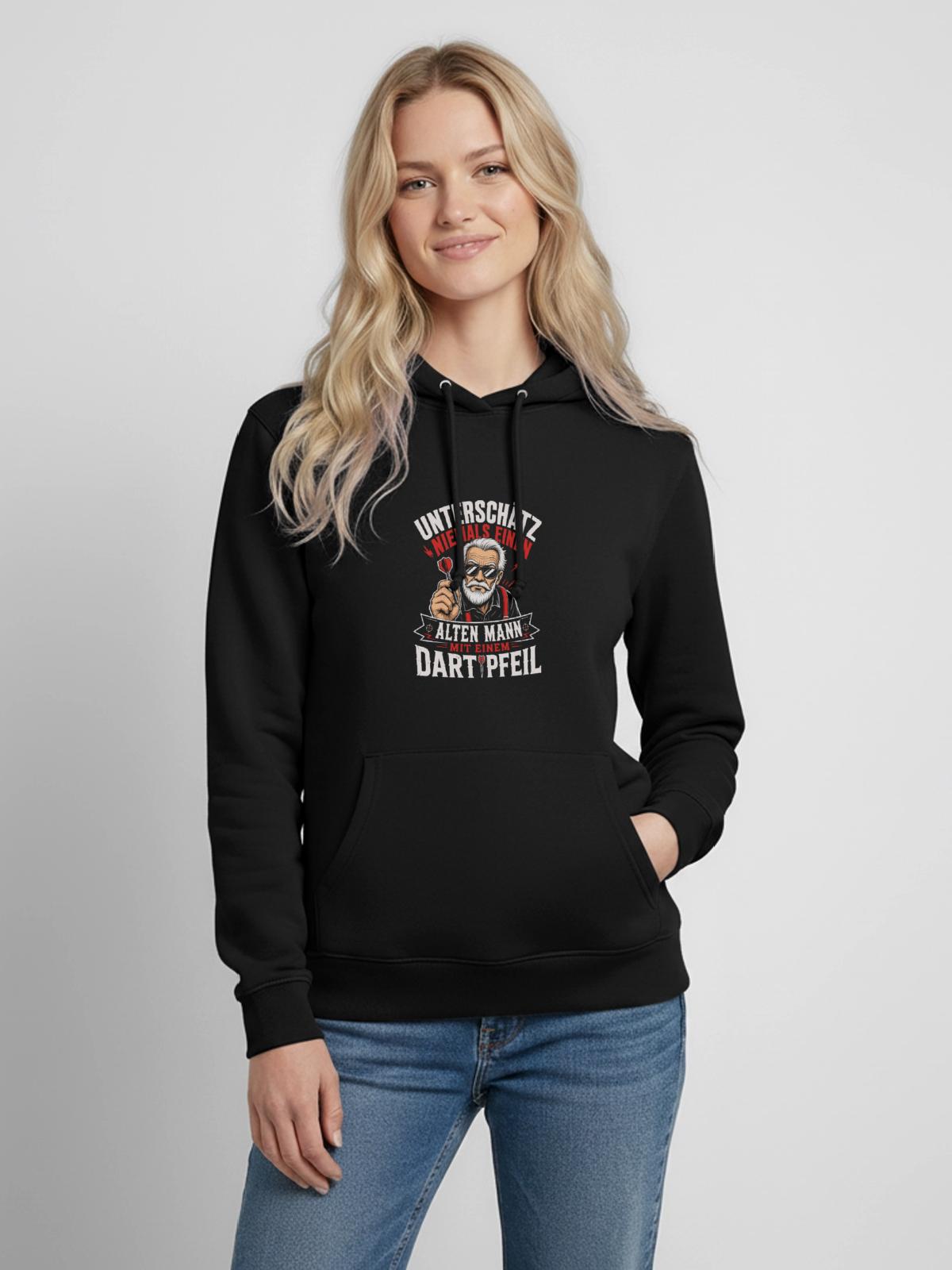 Alter Mann mit Dartpfeil - Frauen Hoodie - Schwarz - Vorne - AI Model Female 172 light (172cm)