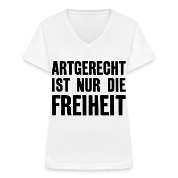ARTGERECHT IST NUR DIE FREIHEIT VEGAN VEGANER - Frauen-T-Shirt mit V-Ausschnitt - Weiß - Vorne - Lela (165cm)