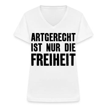 ARTGERECHT IST NUR DIE FREIHEIT VEGAN VEGANER - Frauen-T-Shirt mit V-Ausschnitt - Weiß - Vorne - Lela (165cm)
