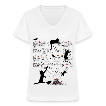 Notenblatt Katzen Herzen Musik Amsel - Frauen-T-Shirt mit V-Ausschnitt - Weiß - Vorne - Lela (165cm)