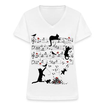 Notenblatt Katzen Herzen Musik Amsel - Frauen-T-Shirt mit V-Ausschnitt - Weiß - Vorne - Lela (165cm)