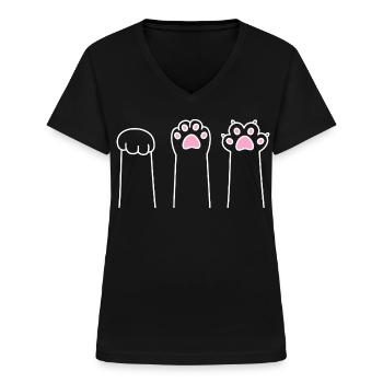 Katze Pfote Spiel Katzenpfoten Stein Papier Schere - Frauen-T-Shirt mit V-Ausschnitt - Schwarz - Vorne - Lela (165cm)