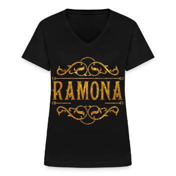 Ramona Goldene Ornamentenschrift - Frauen-T-Shirt mit V-Ausschnitt - Schwarz - Vorne - Lela (165cm)