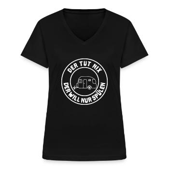 der will nur spülen - Frauen-T-Shirt mit V-Ausschnitt - Schwarz - Vorne - Lela (165cm)
