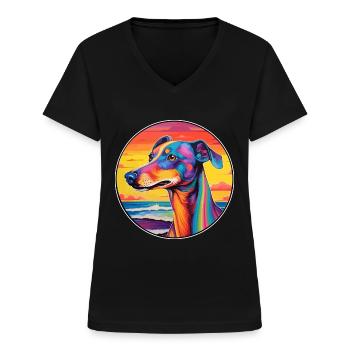 Polnische Windhund-Hunderasse Bunte Karikatur Wasserc - Frauen-T-Shirt mit V-Ausschnitt - Schwarz - Vorne - Lela (165cm)