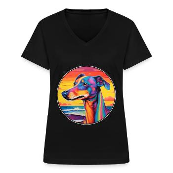 Polnische Windhund-Hunderasse Bunte Karikatur Wasserc - Frauen-T-Shirt mit V-Ausschnitt - Schwarz - Vorne - Lela (165cm)