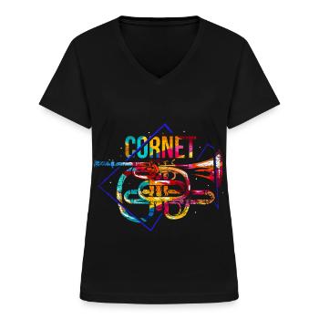 Leuchtender Kornett Musikverein - Frauen-T-Shirt mit V-Ausschnitt - Schwarz - Vorne - Lela (165cm)