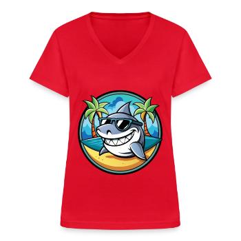 Hai Lustige Cartoon Sommer Strand Sonnenbrille Cool - Frauen-T-Shirt mit V-Ausschnitt - Rot - Vorne - Lela (165cm)