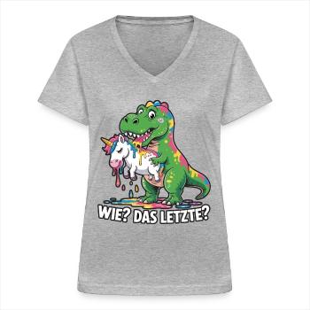 Wie? Das Letzte? T-rex mit Einhorndesing - Frauen-T-Shirt mit V-Ausschnitt - Grau meliert - Vorne - Lela (165cm)