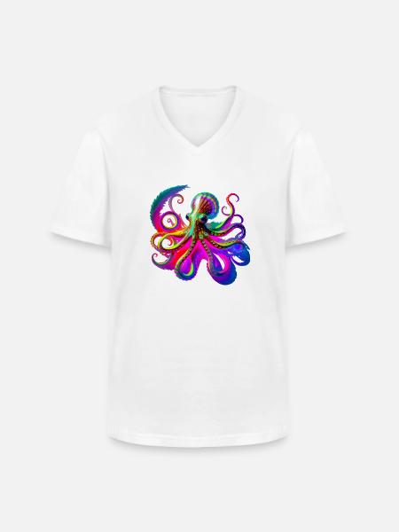 Psychedelic Neon Octopus - Men's V-Neck T-Shirt - white