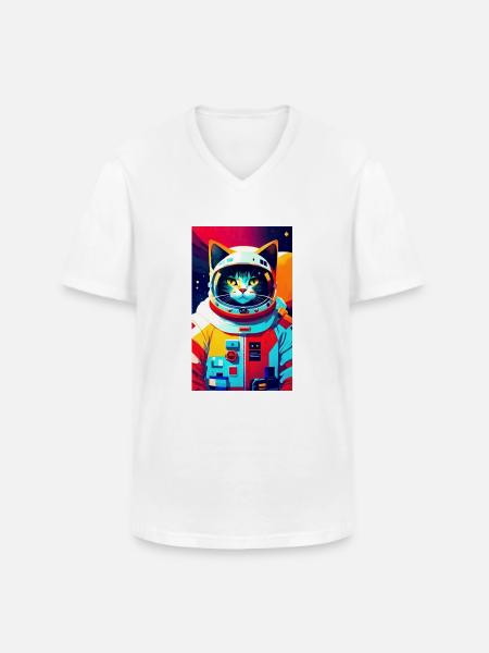Chat astronaute - T-shirt col V Homme - blanc