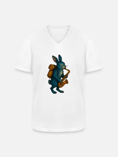 Lapin Bleu avec Saxophone - T-shirt col V Homme - blanc