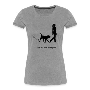 Die mit dem Hund geht - Frauen Premium Bio T-Shirt - Grau meliert - Vorne - Mia (176cm)