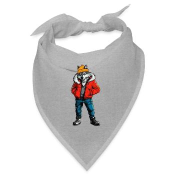 Wolf mit roter Winterjacke und gelber Mütze - Bandana Dreieckstuch - Grau meliert - Vorne
