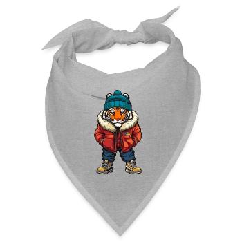 Tiger mit Winterjacke und blauer Mütze - Bandana Dreieckstuch - Grau meliert - Vorne
