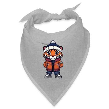 Tiger mit Winterjacke und Mütze - Bandana Dreieckstuch - Grau meliert - Vorne