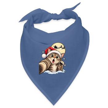 Kätzchen im Santa-Hut vor Mondschlitten - Bandana Dreieckstuch - Taubenblau - Vorne