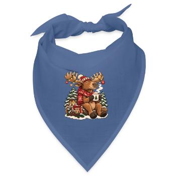Weihnachtselch mit Schal und heißem Kakao - Bandana Dreieckstuch - Taubenblau - Vorne