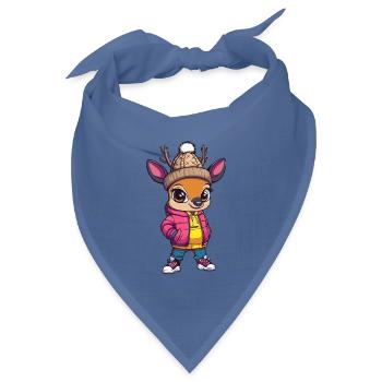 Hirsch mit pinker Winterjacke und Mütze - Bandana Dreieckstuch - Taubenblau - Vorne
