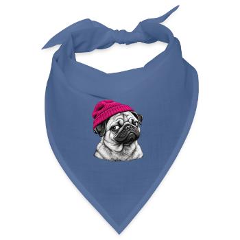 Pug im Pink Beanie - Bandana Dreieckstuch - Taubenblau - Vorne