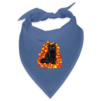 Schwarze Katze im Herbstlaub - Bandana Dreieckstuch - Taubenblau - Vorne