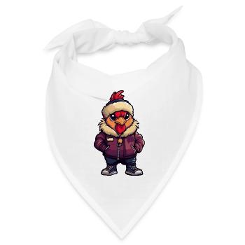 Hahn mit violetter Winterjacke und Fellmütze - Bandana Dreieckstuch - Weiß - Vorne